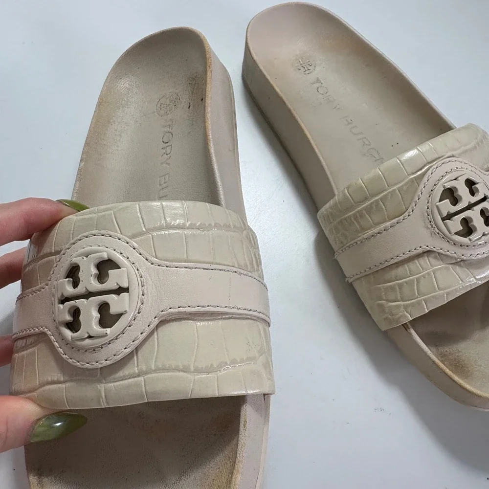 Tory Burch Miller Cloud Cream Croc Embossed Leather Slide Sandals 8M